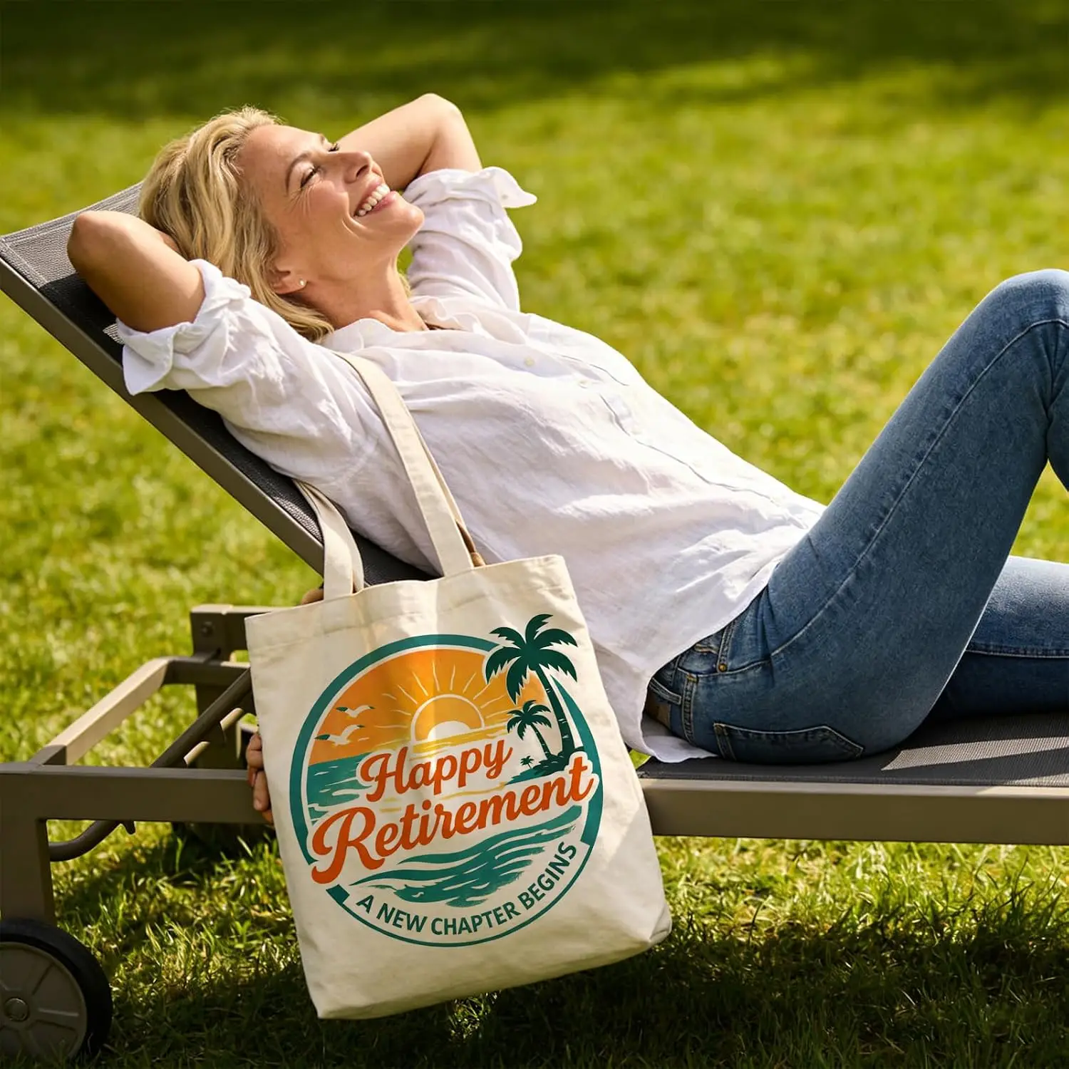 Happy Retirement Print Canvas Tote Bag Beach Sunset Seaside Design Reusable Shopping Shoulder Bag Retirement Gift for Women