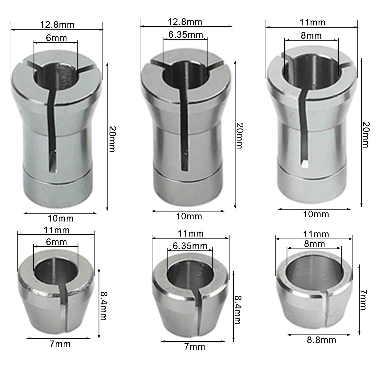 6 Pcs/ Set Trimmer Collet Adapter 6mm 1/4 8mm Router  Collet Chuck Clamping Adapter Power Tool Accessories