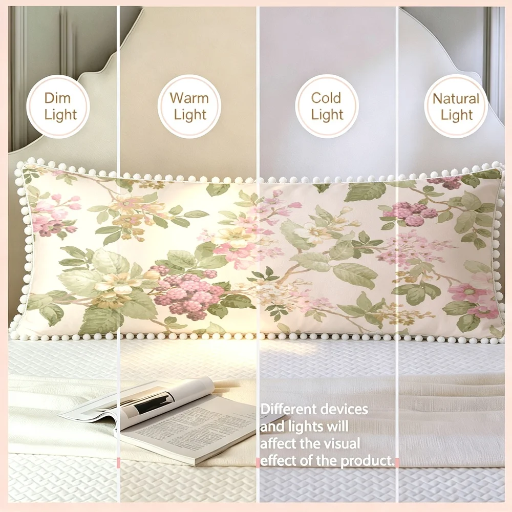 1PC Nude Pink Background with Pink Purple Wisteria and Green Leaves, Watercolor Romantic Floral Long Pillow Cover with Pom Pom