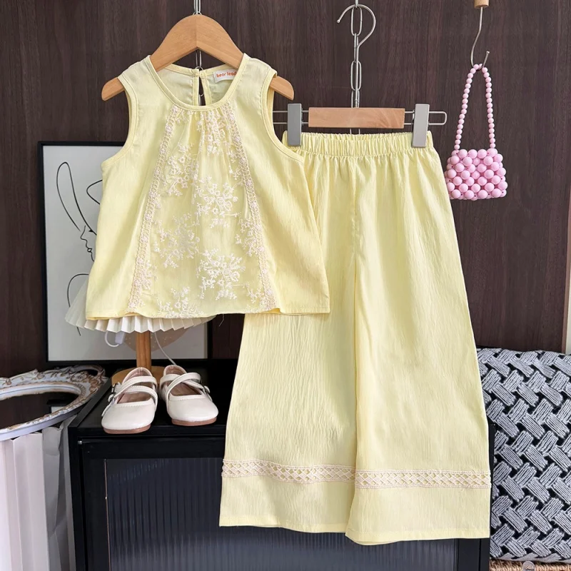 

Girls Suit2026Summer baby girl lace patchwork sleeveless tank top and lace long pants two-piece set