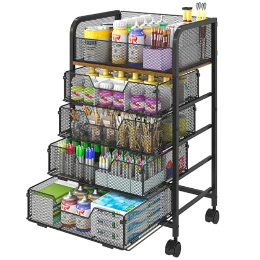 

5-Tier Rolling Craft Cart with Wheels and Drawers Black Art Supply Organizer Storage Cart with DIY Divider Utility Cart for Hom