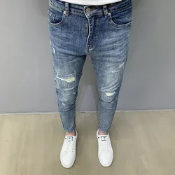 Stylish Korean Luxury Clothing Men's Jeans for Stylish and Fashionable Men Ripped Hole Design Streetwear Slim Denim Trousers