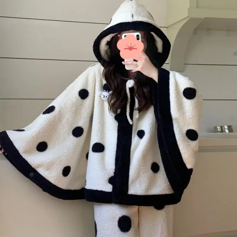 بيجامة نسائية نصف كومة مجموعة خريف وشتاء شال بناتي ملابس نوم عباءة بدلة بيجامة مبطنة بالصوف ملابس منزلية من الصوف المرجاني #2