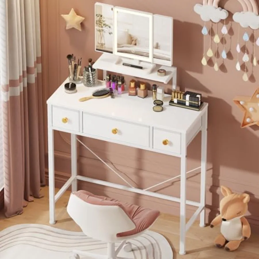 

Small Makeup Vanity Desk 27.5''W with Mirror and Lights, Vanity Desk with 3 Fabric Drawers and Height-Adjustable Stand, Vanity