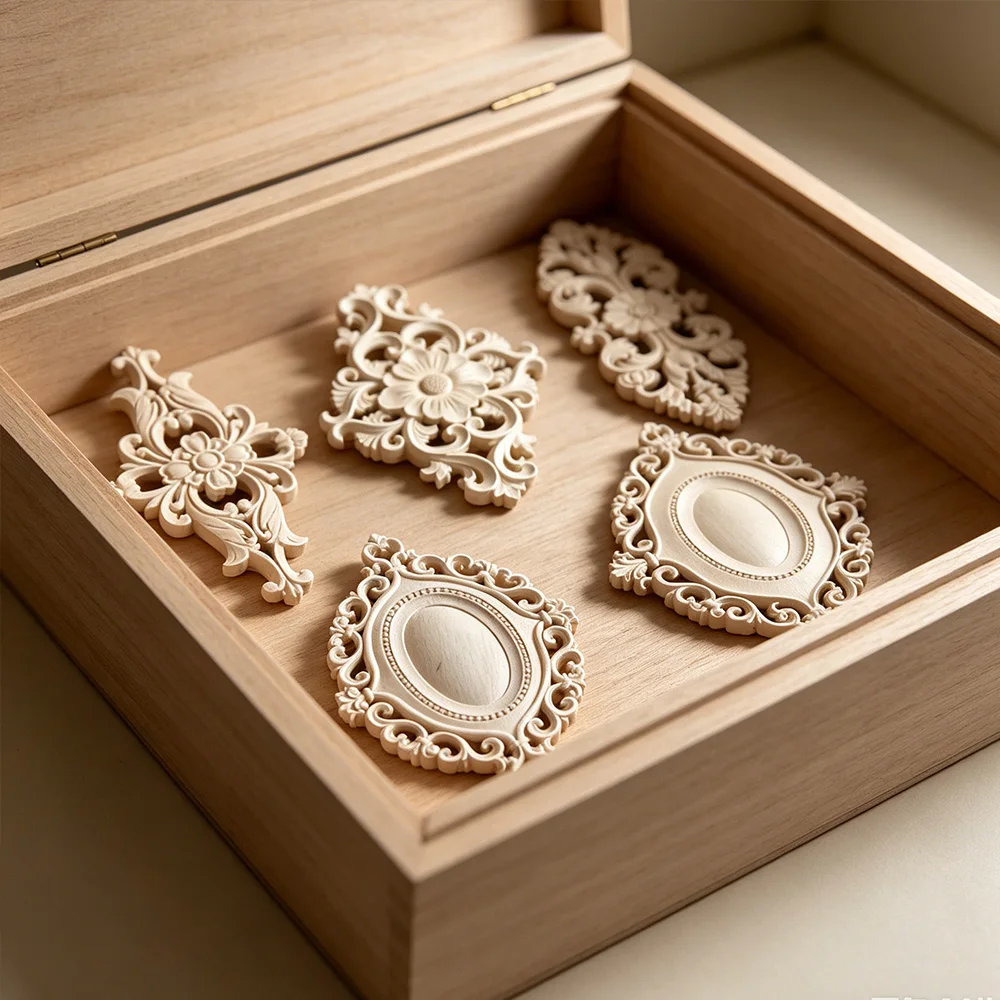 Natural Wood Appliques Flower Carving Decals Decorative Wooden Mouldings for Cabinet Door Furniture Decor Flower Miniature