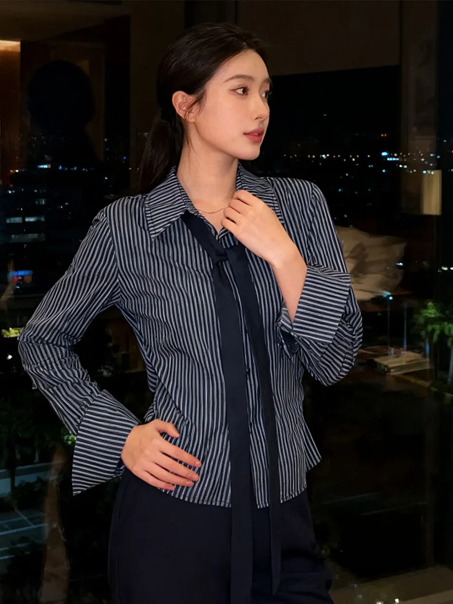 

American College Style Long Sleeve Women's Shirt Slim Fit Waist Cinched Striped Design Hot Girl Spring 2026 New Fashion