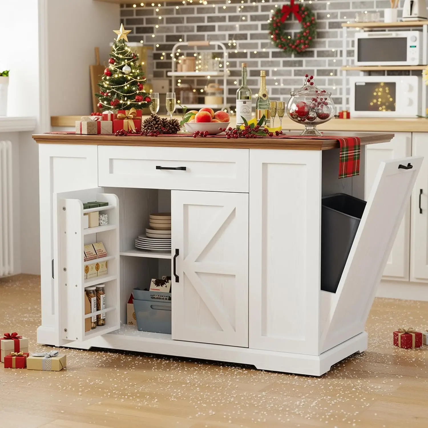 

Rolling Kitchen Island with Storage, Drop Leaf Table on Wheels, White and Walnut Finish