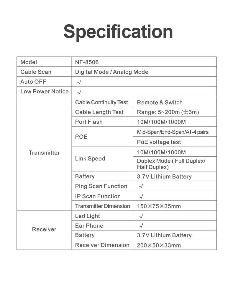 NOYAFA NF 8506 Multifunktions-Ethernet-Kabeltester IP-Scan Ping Poe Test Draht Kontinuitätstest RJ45 RJ11 Netzwerkkabel-Tracker – Detail 16