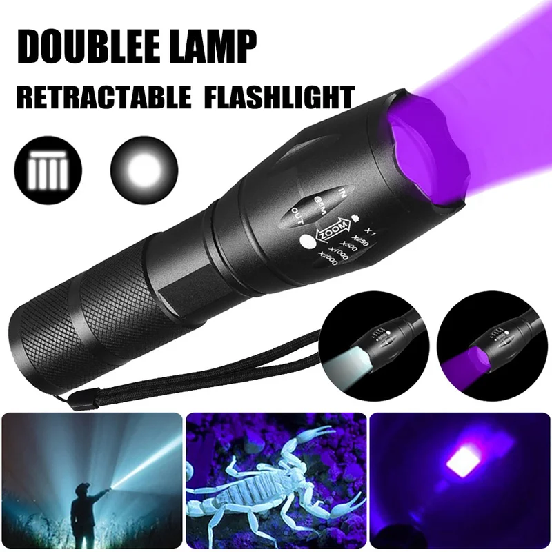 Purple White Dual Light Flashlight LED Ultraviolet Torch Zoom Retractable Flashlight Lamp Fluorescent Agent Detection Flashlight