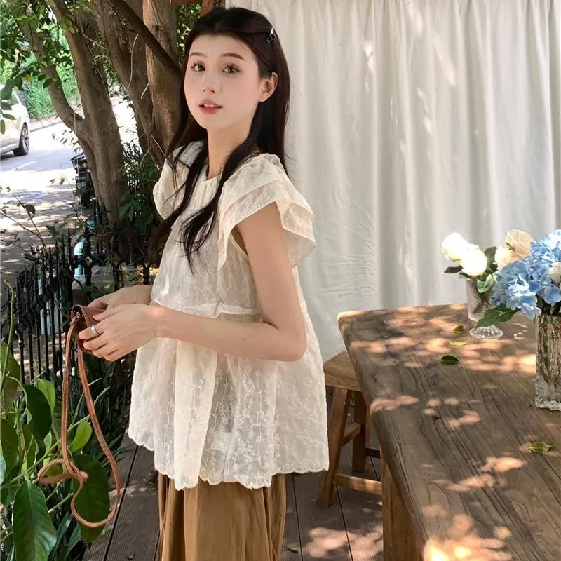 Lace Shirts Women Thin Spring Summer Tops All-match Sweet Ruffles Flying Sleeve Loose Design Folds Chic Lovely Gentle Female Ins