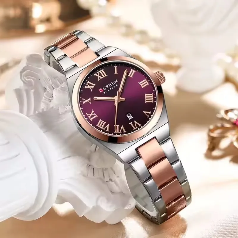 CURREN 9095 Waterproof Quartz Watch for Ladies, Casual Stainless Steel Strap Calendar Wristwatch