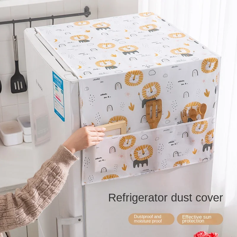 Refrigerator Dust Covers With Side Bag Large Storage Fridge Cover Kitchen Organize Cute Waterproof Cover For Refrigerators