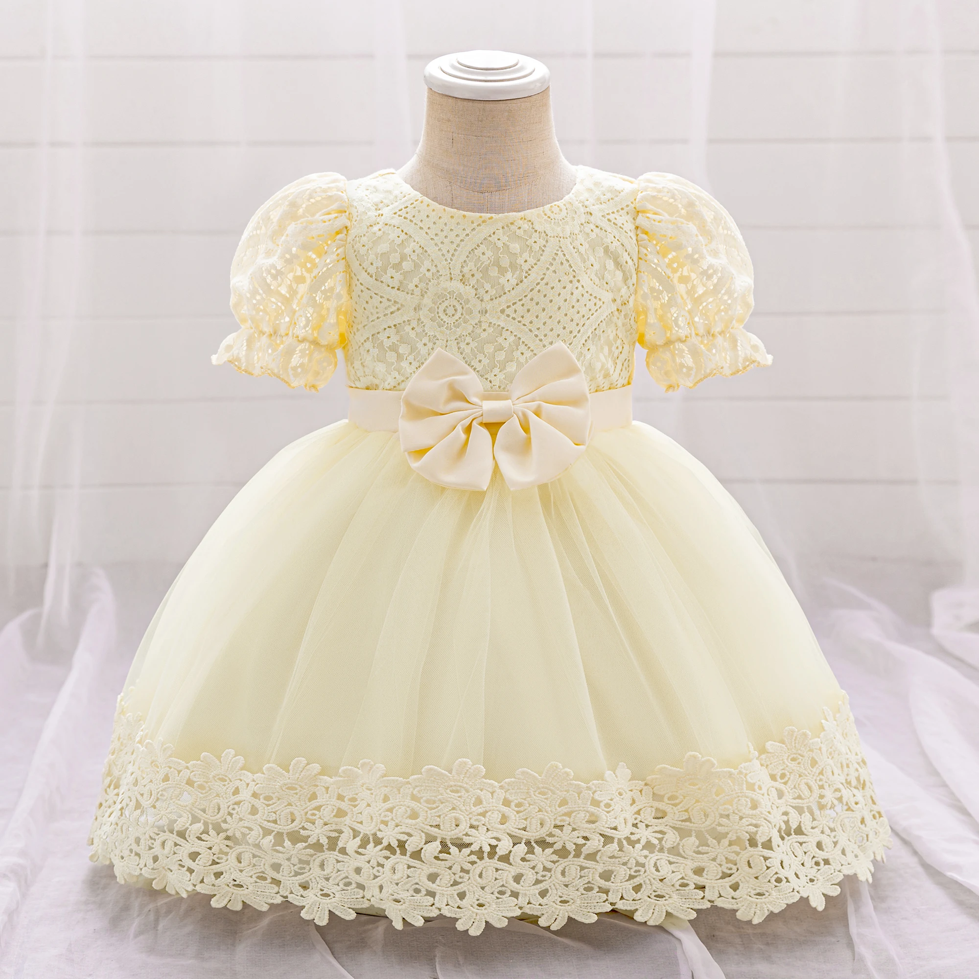 Baby Girls Party Dresses Bow Infant 1 Year Birthday Princess Dress For Girl Wedding Christening Gown Puff Sleeve Toddler Clothes