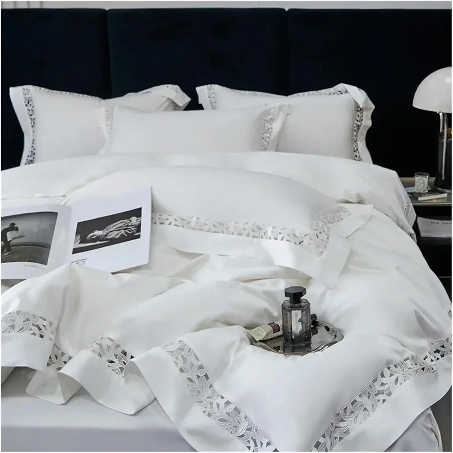 Pure White Egyptian Cotton Bedding Set Luxury Hollow Out Embroidery Duvet Cover Bed Sheets Pillowcases High-end Hotel Bed Set,Be