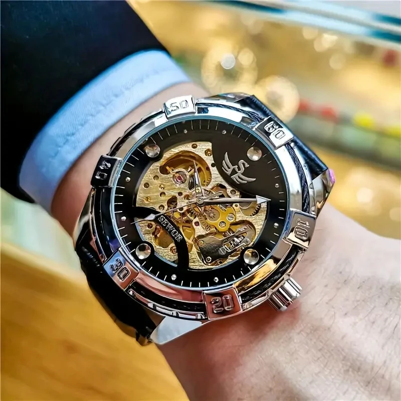 

Лучшие роскошные, элитные, легкие роскошные мужские автоматические механические часы — стильный кожаный ремешок со скелетонизированным дизайном, водонепроницаемость 30 м, модный корпус из сплава и круглый циферблат, лучший подарок для него, батарейки не т