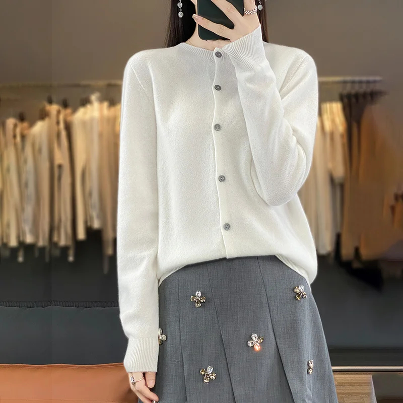 

100% чистая шерсть, весенне-осенний женский шерстяной кардиган с круглым вырезом, удобный мягкий вязаный кардиган без шариков WQ014