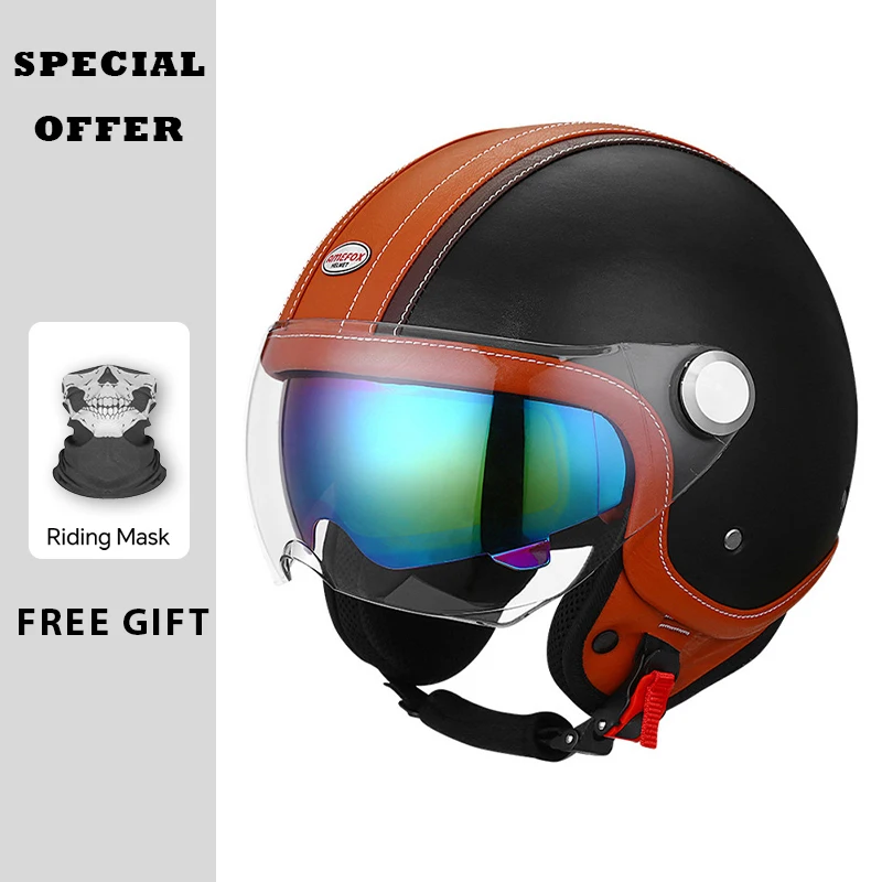 Vintage White Brown Leather Open Face Helmet Daul Lens Motorcycle Helmets Double Visor DOT Approved Men Retro 3/4 Jet Half Helm