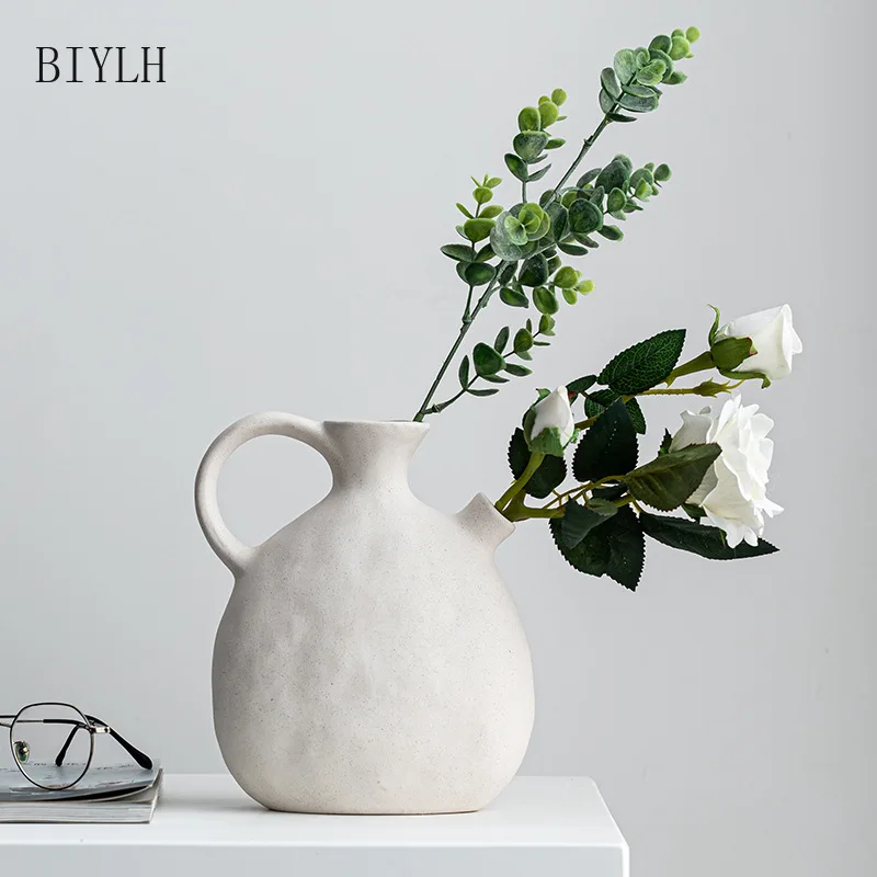 BIYLH White Series Small Mouth Ceramic vase Nordic Style White Oblique Gardening Flower Arrangement Home Decoration Ornaments