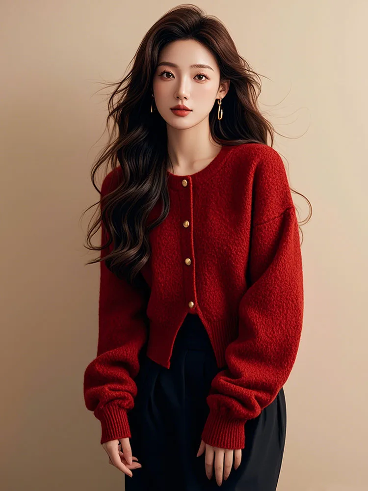 Red Christmas Sweater Women's Style Lazy Fashion Commute Style Long Sleeve round Neck Pure Color Winter New Arrival