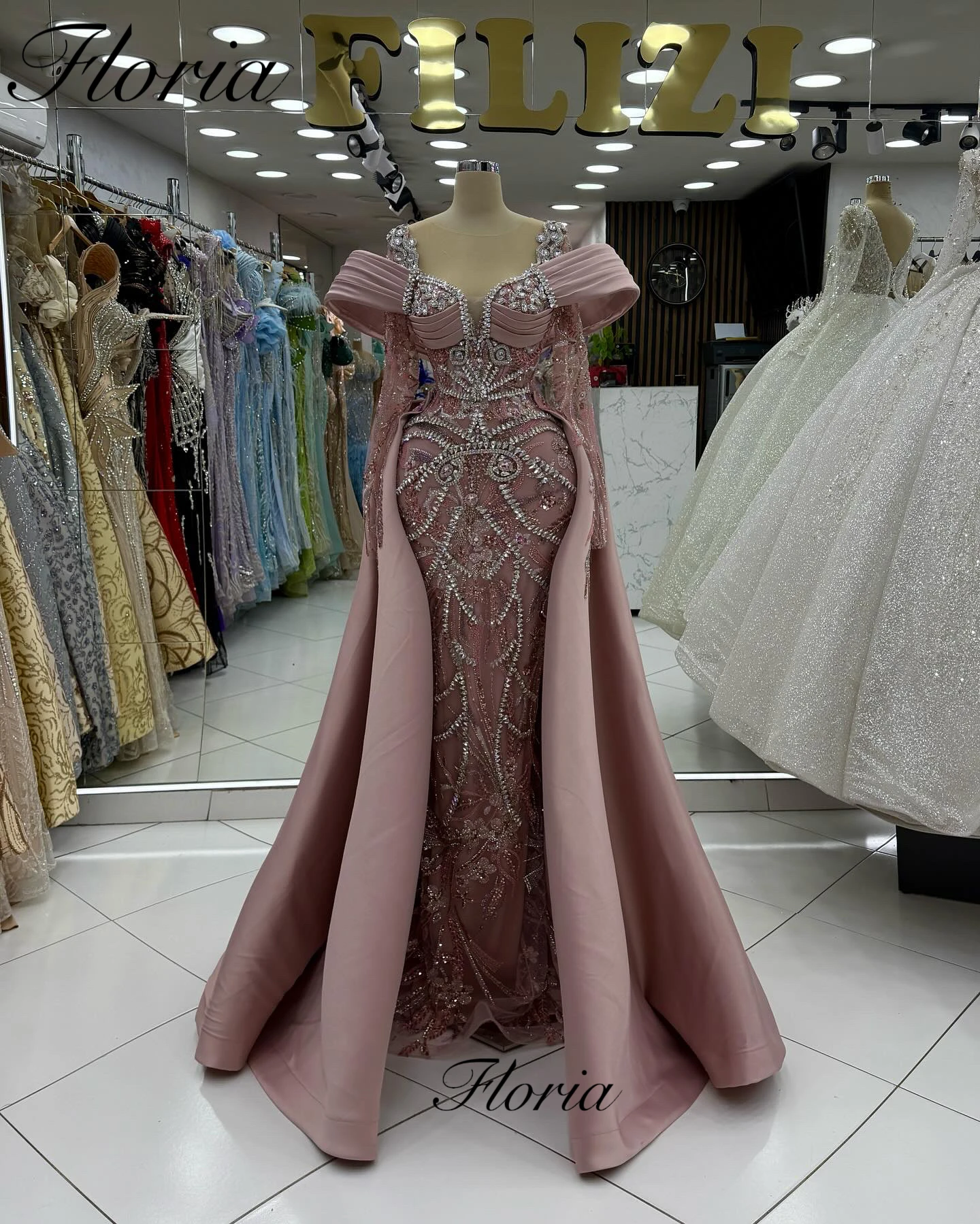 Two Pieces Blush Pink Evening Dresses With Detachable Train Long Sleeves Formal Occasion Dresses Vestidos De Fiesta Customized