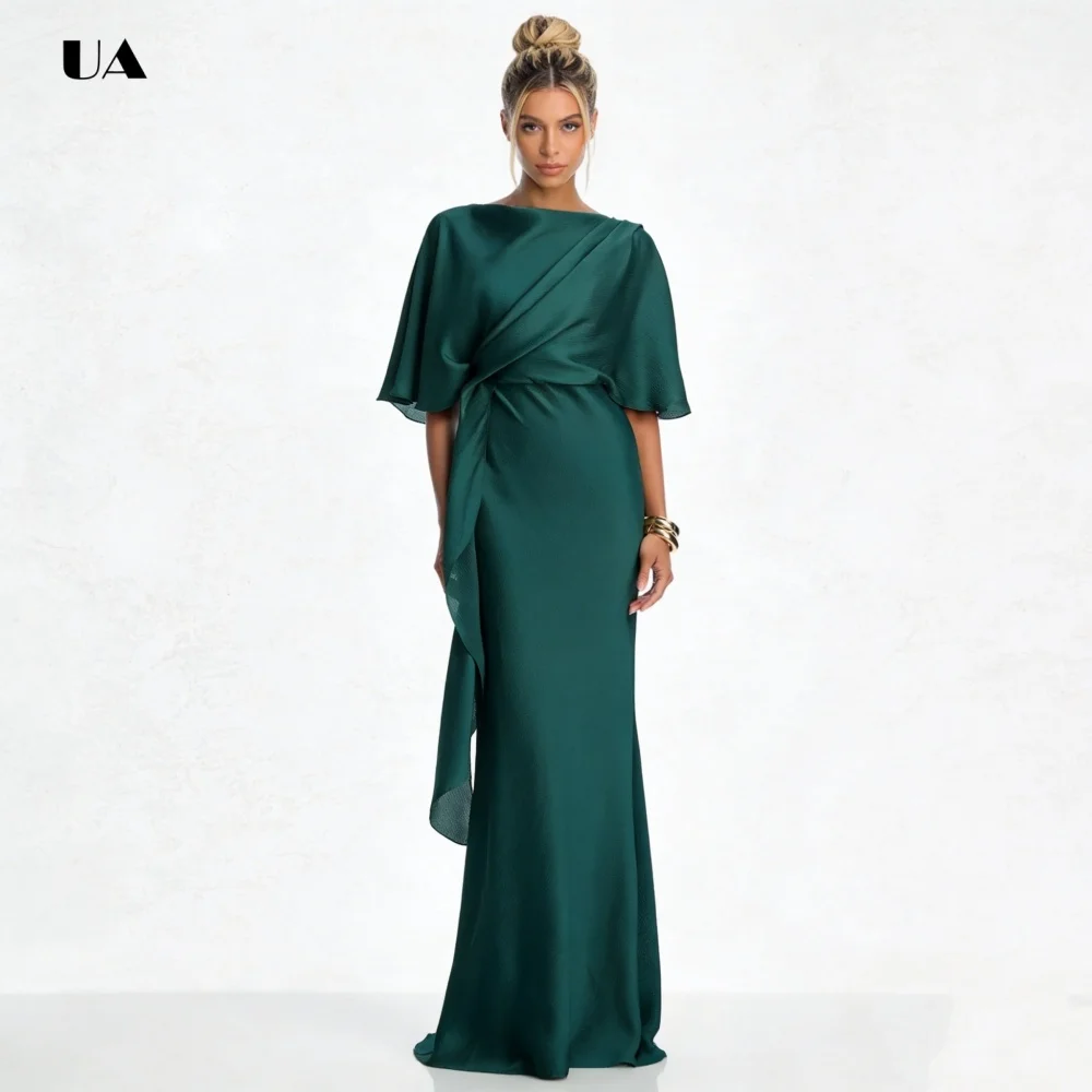 

Elegant Straight Prom Dress with Boat Collar,Solid Satin Evening Dress with Flutter Sleeves,Classic Draped Customized Party Gown