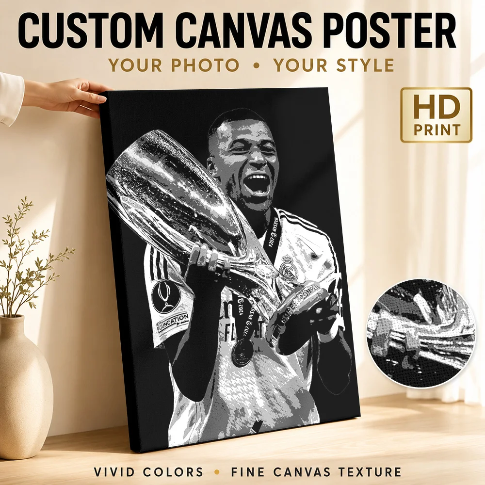 Kylian Mbappe Victory Trophy Framed Canvas Print Poster Bold Style Wall Art With Personalized Photo For Man Cave Ideal Fan Gift