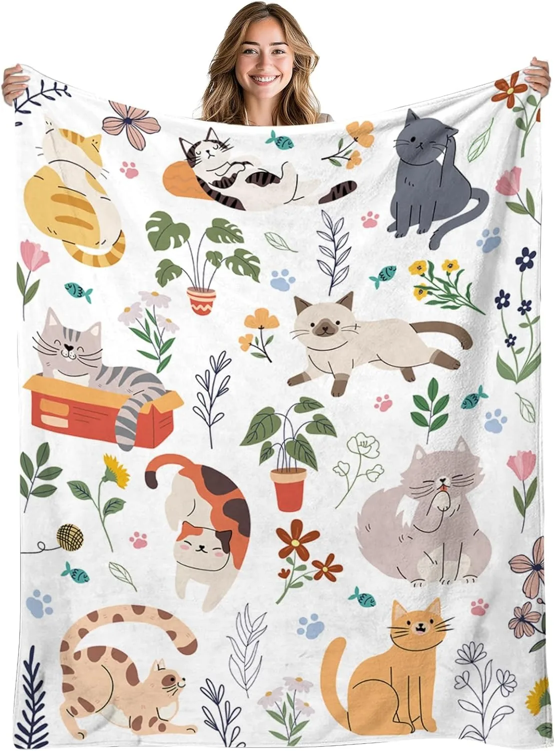 1PC Handdraw Cute Cats pattern Throw Thin Blanket Gifts for Couch Bed Car Home Camping For Cute animals Lovers all season use