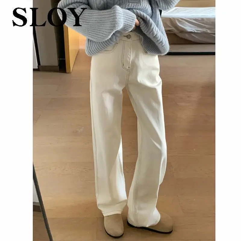 

high street style front pocket high-waisted straight-leg jeans for women, new summer slim-fit loose wide-leg trendy pants