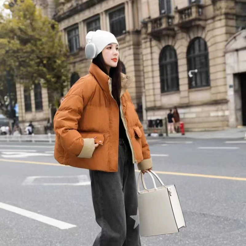 Jaqueta curta quente feminina, jaqueta de colarinho grosso, versão coreana da moda, casaco casual Parker, bateu a cor, 2024