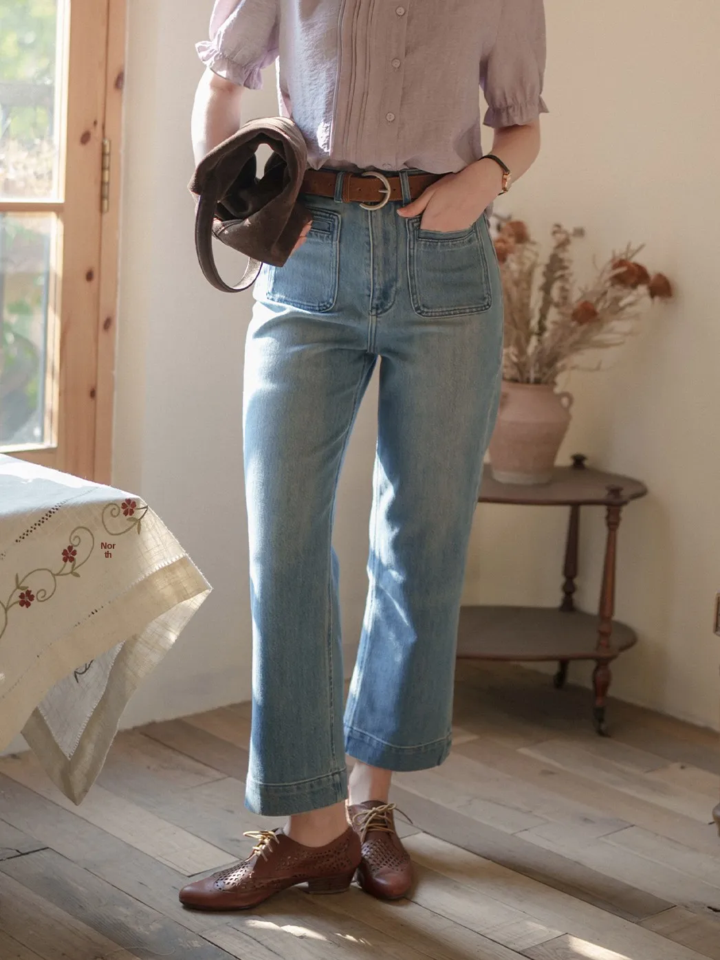 

High Waist Vintage Flare Denim Jeans Acetate Cotton Slimming Versatile Patch ket Pants MarchNoon Women's Faion Spring Au...