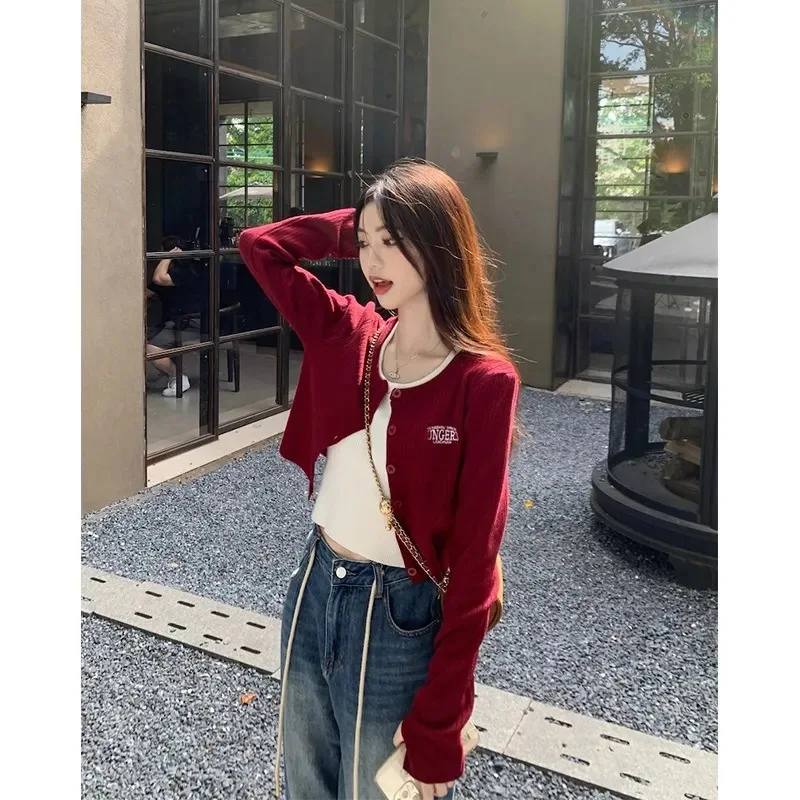 النمط الأمريكي حار كم طويل محبوك سترة مفتوحة سترة الخريف إلكتروني التطريز ملابس خارجية قصيرة أعلى جودة TikTok تاوباو #1