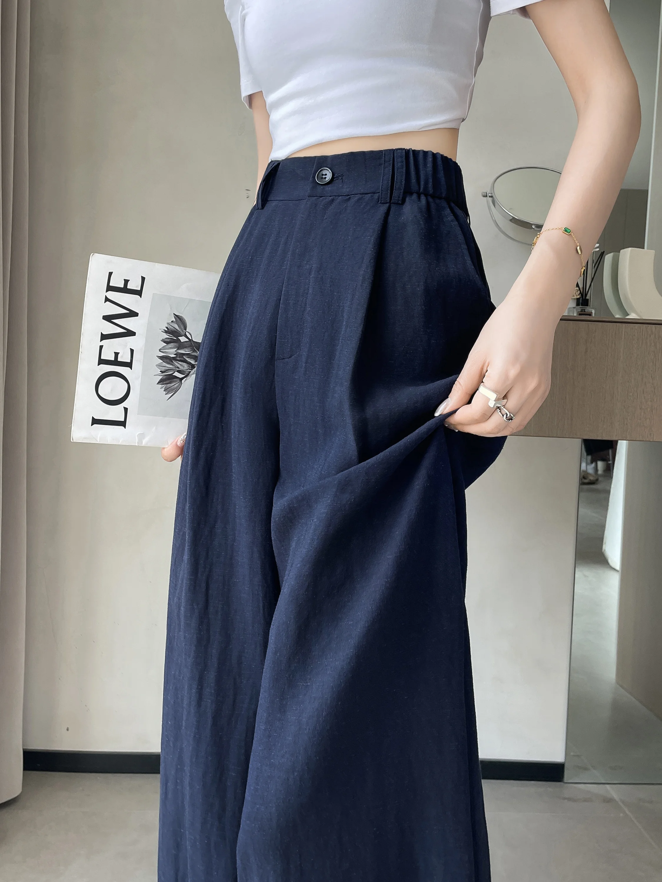 

Summer Thin Ice Silk Linen Wide Leg Pants Women's Cotton Linen Straight Casual Trousers High Waist Button Decor Pure Color