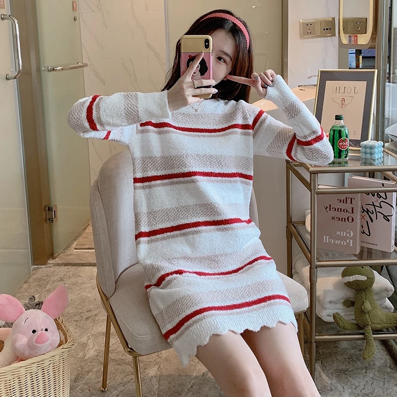 2023 Winter Long Sleeve Thick Warm Flannel Nightgowns For Women Korean Casual Striped Sleepwear Night Dress Nightdress Nighty