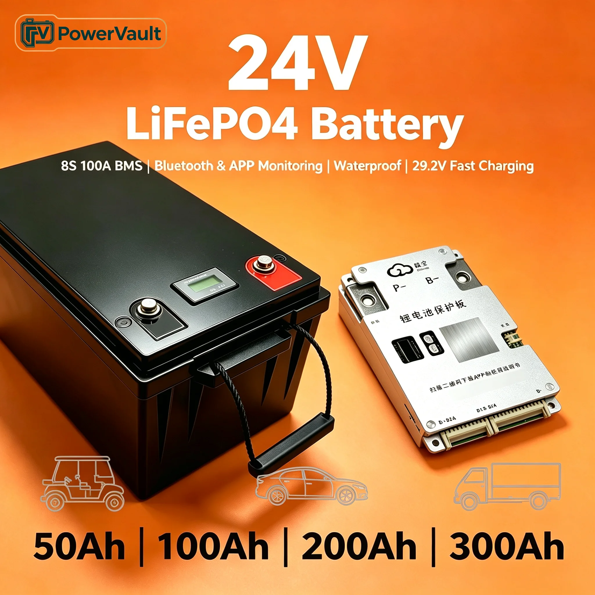 24V 200Ah LiFePO4 Lithium Battery | 200A BMS | 5120W Output | 4000+ Cycles for Heavy-Duty RV Marine Solar