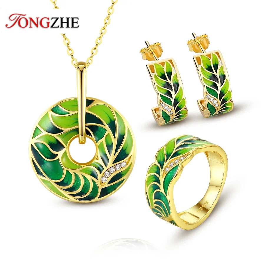 TONGZHE Flower Ring Vintage Necklace 925 Sterling Silver Huggie Drop Earrings for Women Bohemian Round Party Enamel Jewelry Set