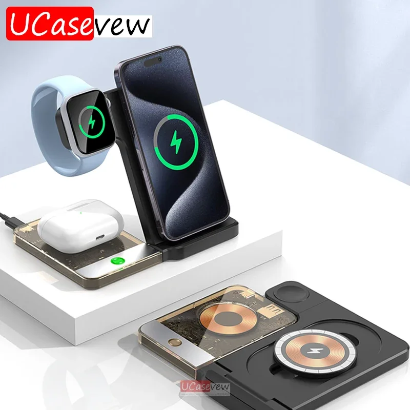 

Складная быстрая беспроводная зарядная станция 15W для iPhone 15 14 13 12, Apple, Samsung, iWatch 8 7 6 5, AirPods 5 в 1