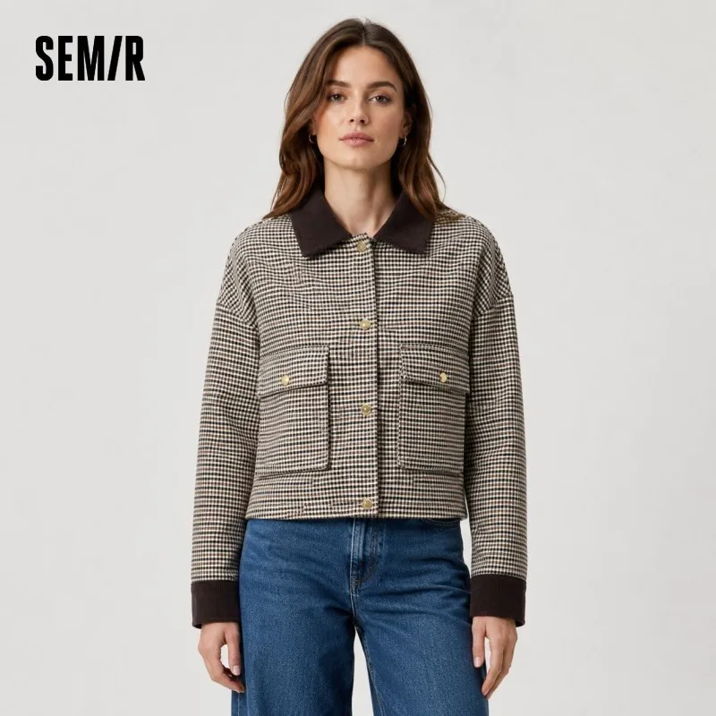 Semir Jacket Women Cropped Turn Collar Trendy Loose 2025 New Autumn Plaid Fashion Coat