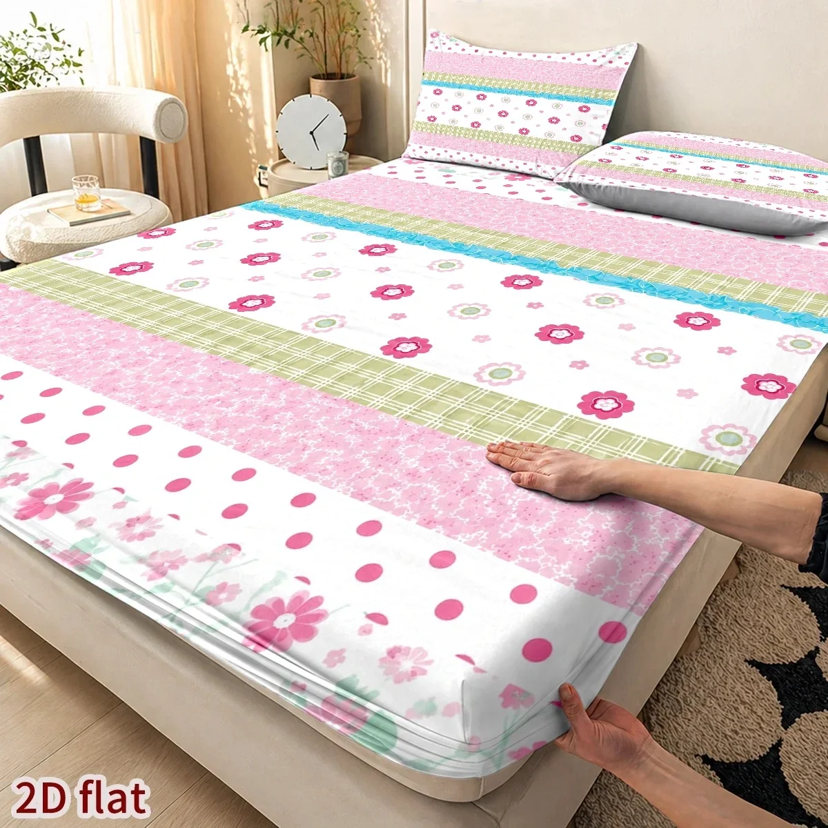 Pink Floral Polka Dot Stripes, Pastoral Fresh Style 3-Piece Mattress Protector Set, 2D Flat Print Fitted Sheet, Four-Season Fitted Sheet Set, Home Bedroom Decoration, Holiday-Themed Fitted Sheet and Pillowcase, Mattress Protector, Stain-Resistant, Mattress Cover Suitable for All Seasons, Machine Washable, Easy to Care For, Dust-Proof and Dirt-Resistant, High Elasticity, Fits Various Sizes