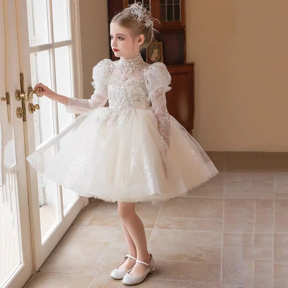 白いフラワーガールドレス ビーズ付きプリンセス長袖幼児子供結婚式1歳の誕生日ページェントパーティードレスJ437