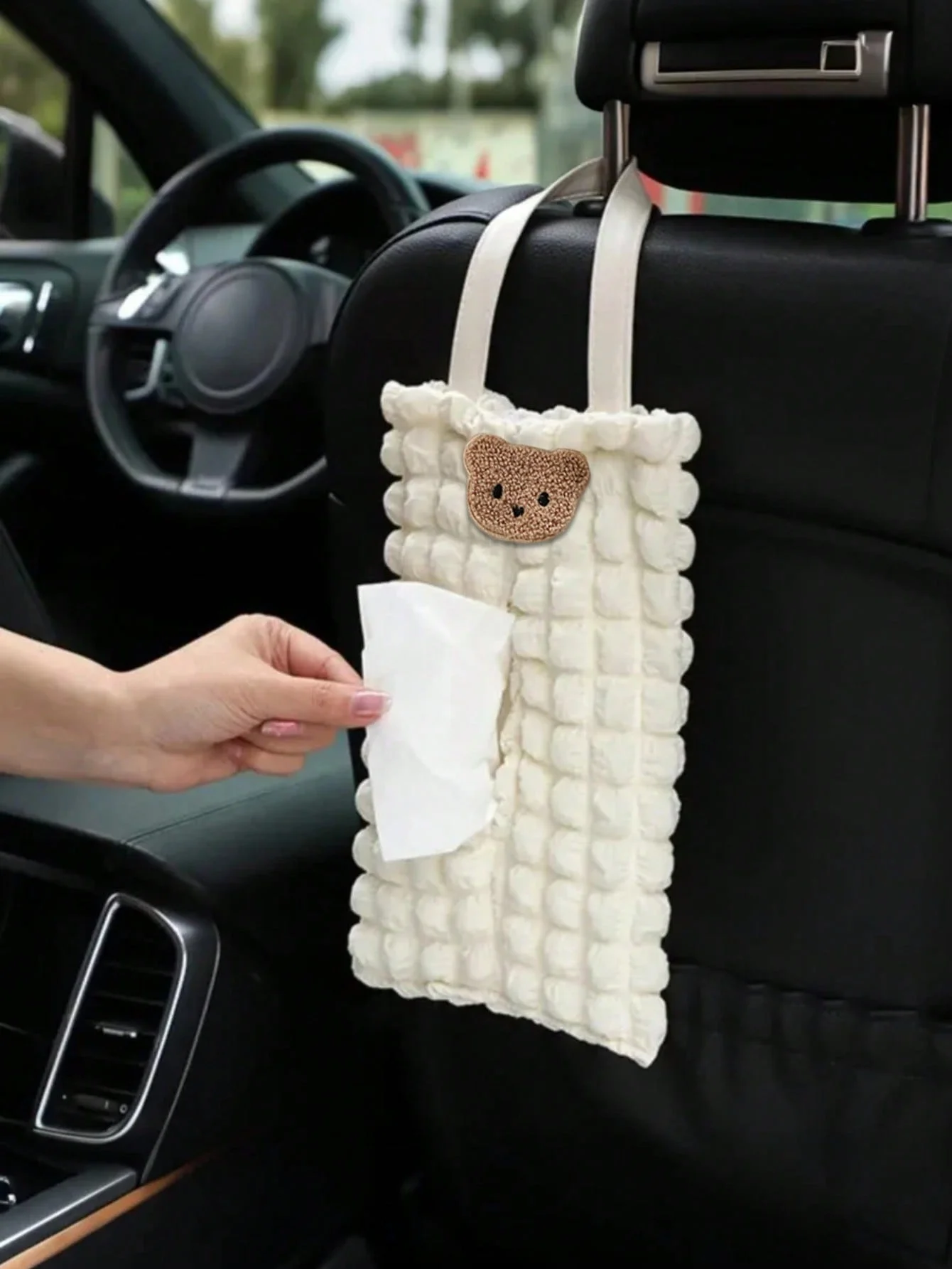 Luxury Puff Grid Car Tissue Box, Cute Bear, Car Tissue Bag, Large Capacity, Hanging Seat Back Organizer, Soft Quilted Fabric, Ki