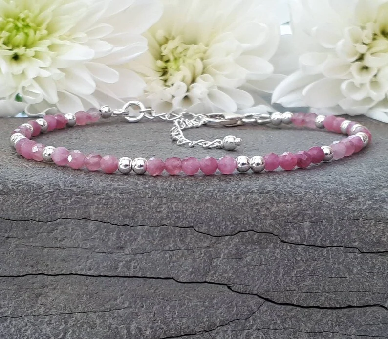 Pink tourmaline bracelet sterling silver with optional personalised heart tag. October birthstone gift.