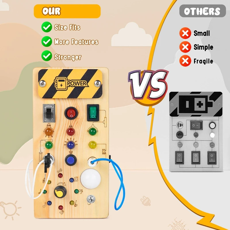 Montessori Placa ocupada de madeira com luz LED, brinquedos educativos sensoriais para crianças, brinquedo interruptor, 1-3Y