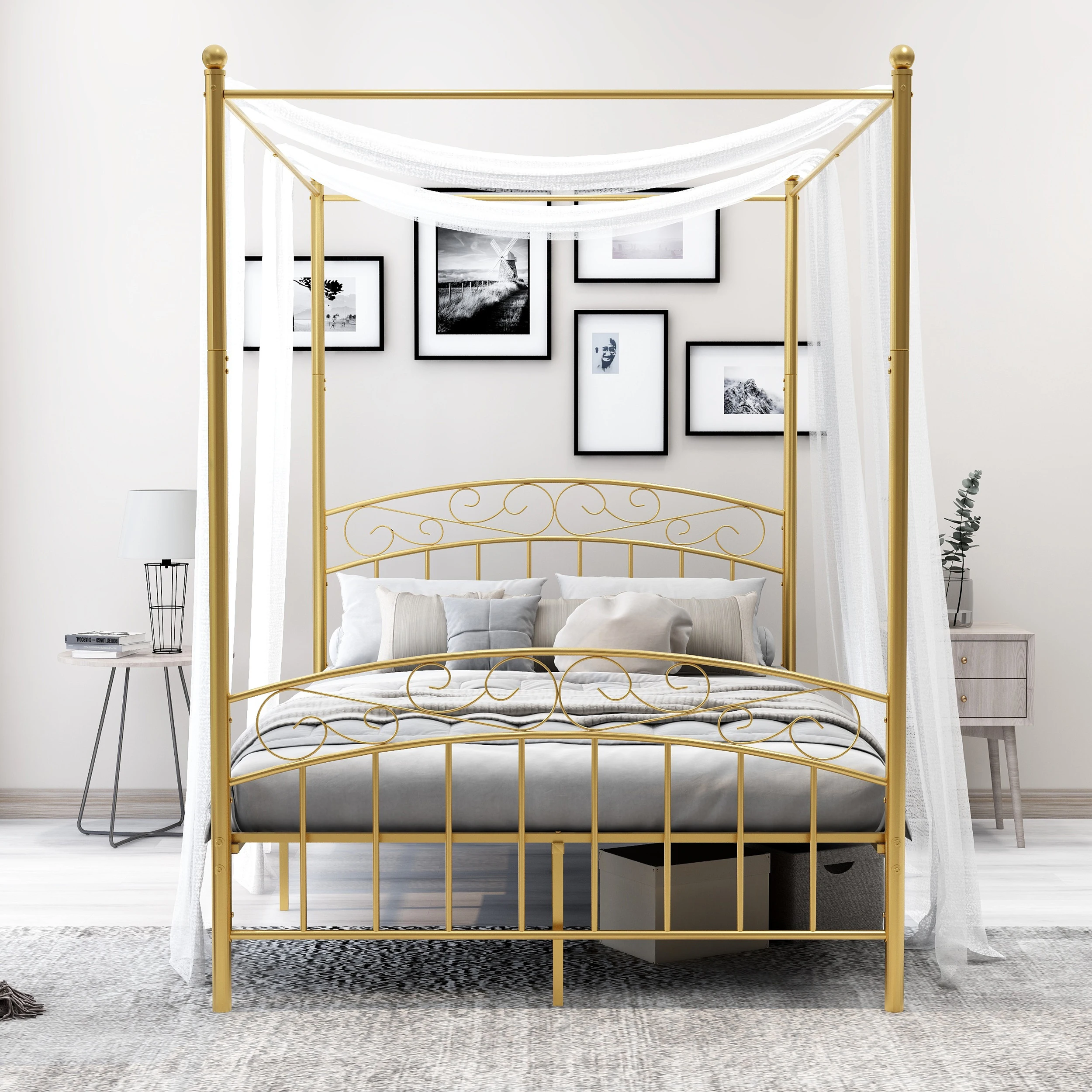 Canopy Bed Frame Gold Full Size Four-Poster Metal Platform Bed With Headboard And Foot board Sturdy Heavy Duty Slat Support