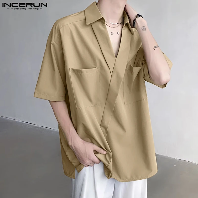 INCERUN Tops  2024 Korean Style New Men\'s V-neck Pocket Design Solid Simple Blouse Handsome Male Loose Short Sleeved Shirt S-5XL