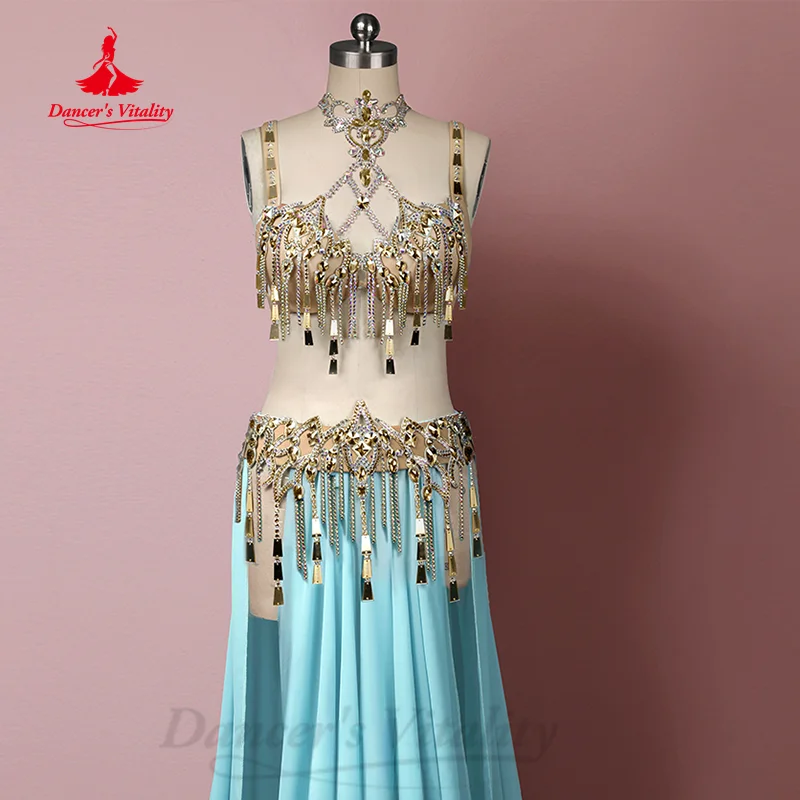 Bellydance Clothing Set Customized Luxury AB Stones Bra+ Sequin Tassel Split Long Skirt 2pcs Oriental Dance Performance Costumes