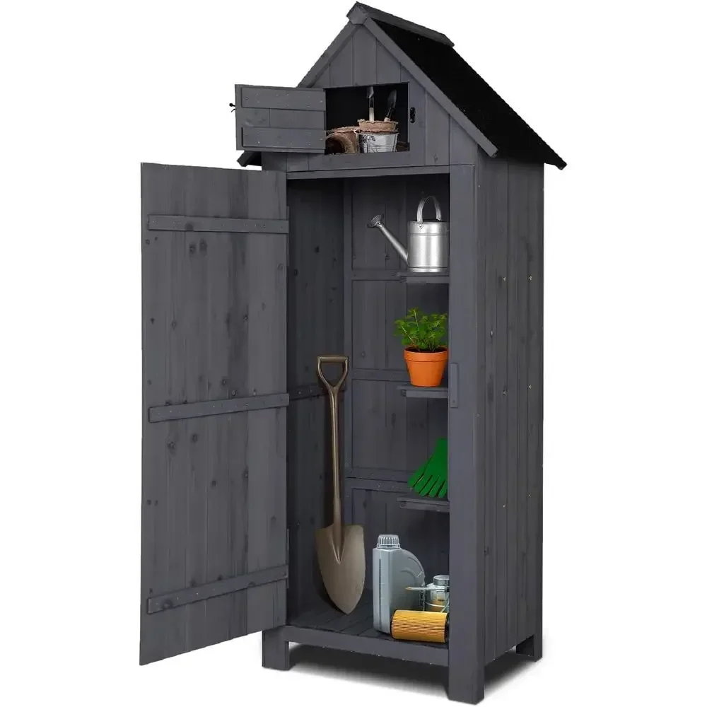 Outdoor Wooden Garden Shed - Secure Patio Storage Organizer in Grey