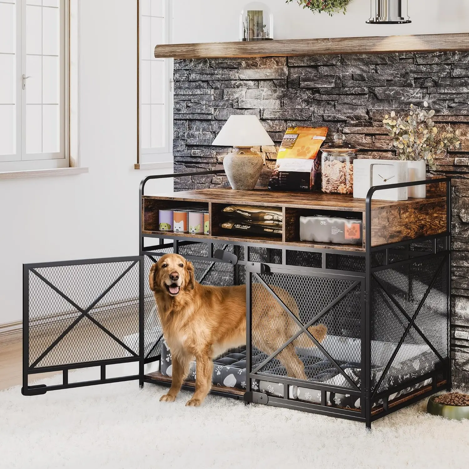 Dog Crate Furniture,Wooden Dog Crate End Table,43 Inch  Kennel with 3 Drawers,Heavy Duty Crate