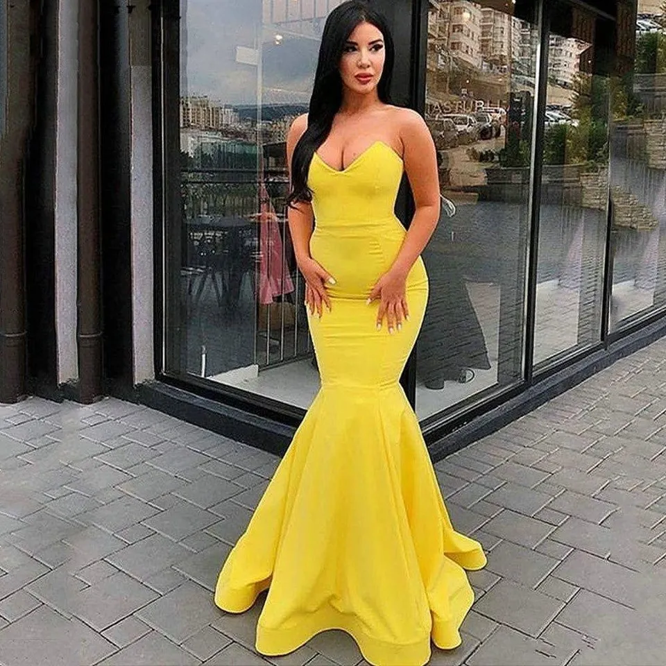 

Angelsbridep Sexy Yellow Mermaid Evening Dresses Satin Sweep Train Long Women Graduation Prom Formal Gowns Robe De Soirée