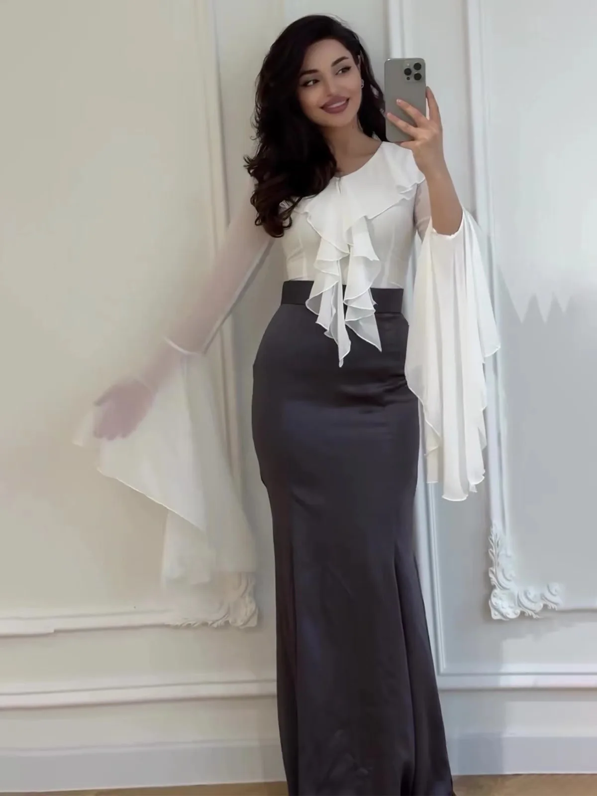 Sweet Long Sve Lotus Le Trim Dr. Bodycon Mid Waist Splice Sle Faionable Ele Damen Dr V Ne Reißverschluss