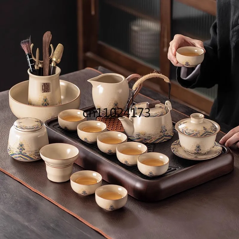 

Чайный сервиз Mi Huang Ru Kiln Kung Fu, керамический чайник для домашнего приема, чайная чашка, набор подносов для чая, офисный чайный сервиз